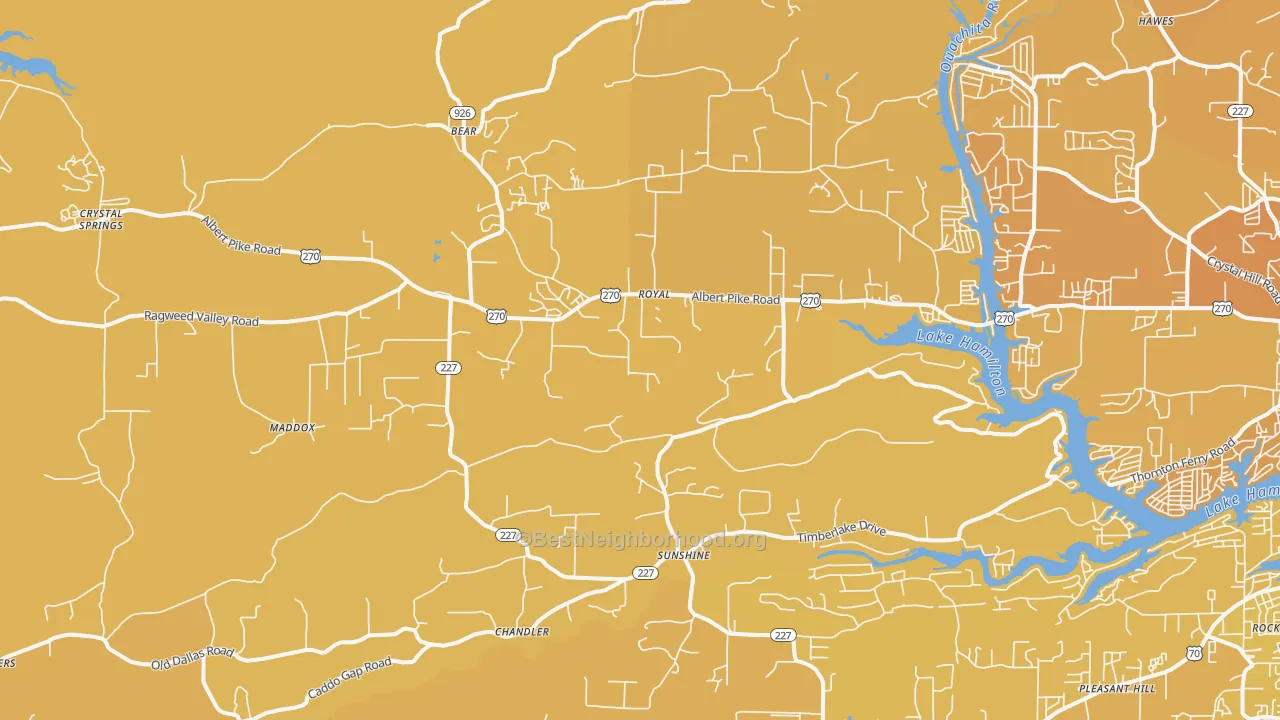 Map of the best neighborhoods in the Royal area, with better matches in green and worse matches in red