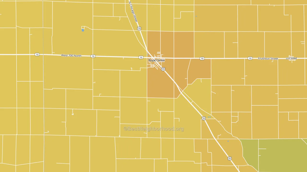 Map of the best neighborhoods in the Royal Center area, with better matches in green and worse matches in red