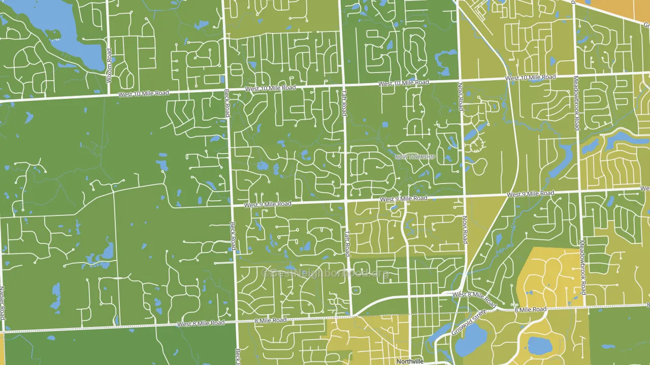 Map of the best neighborhoods in the Royal Crown Estates, Novi area, with better matches in green and worse matches in red
