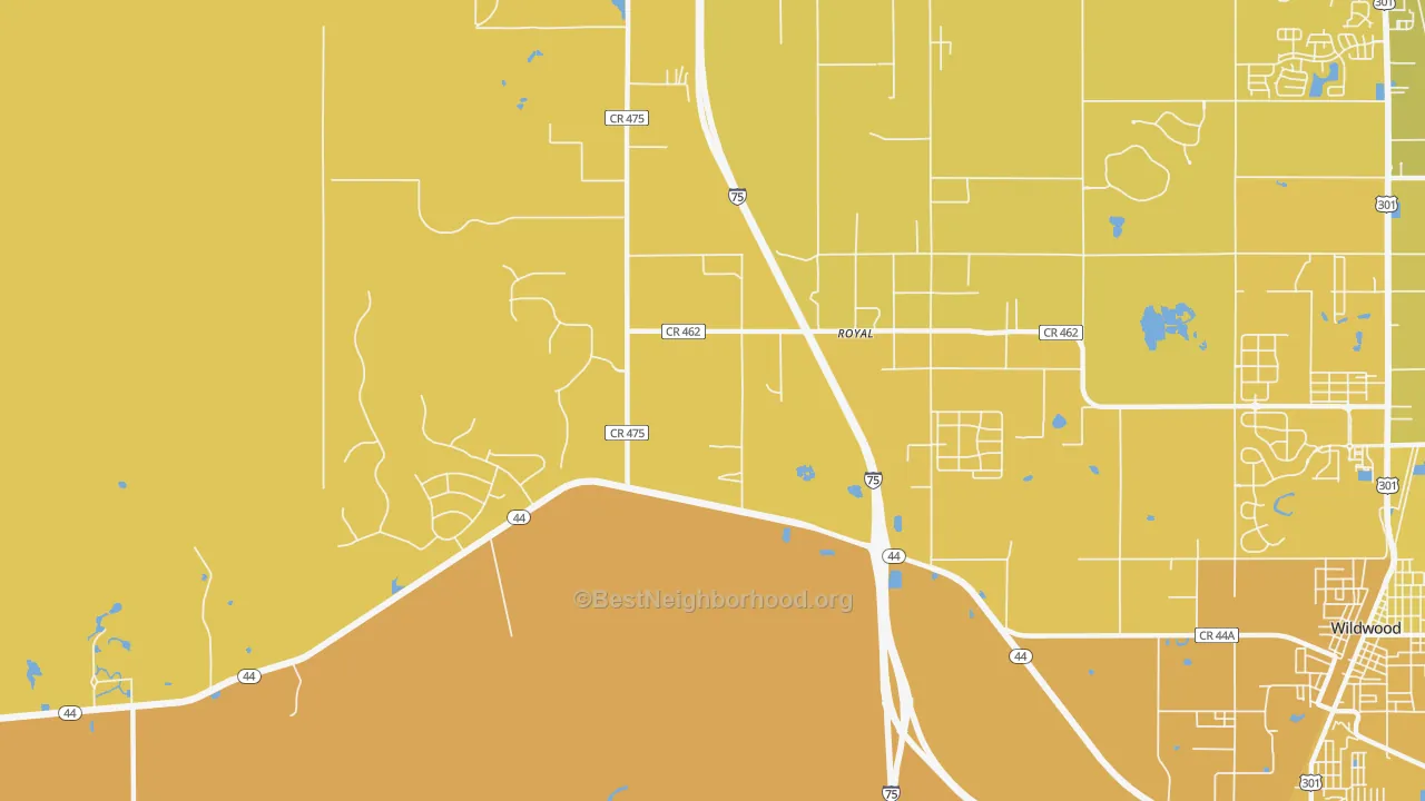 Map of the best neighborhoods in the Royal area, with better matches in green and worse matches in red