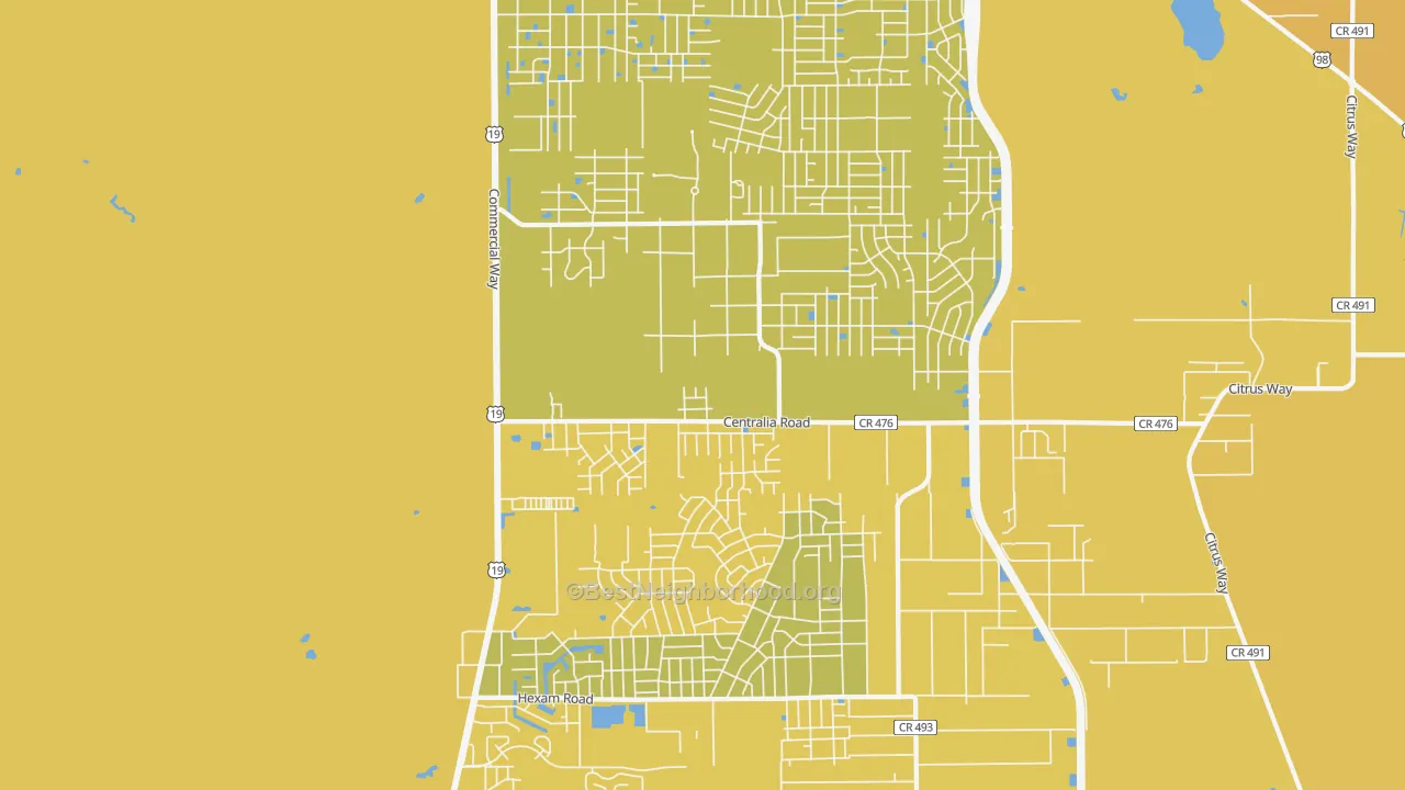Map of the best neighborhoods in the Royal Highlands, Brooksville area, with better matches in green and worse matches in red