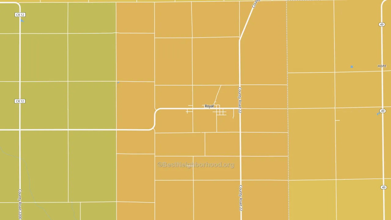 Map of the best neighborhoods in the Royal area, with better matches in green and worse matches in red