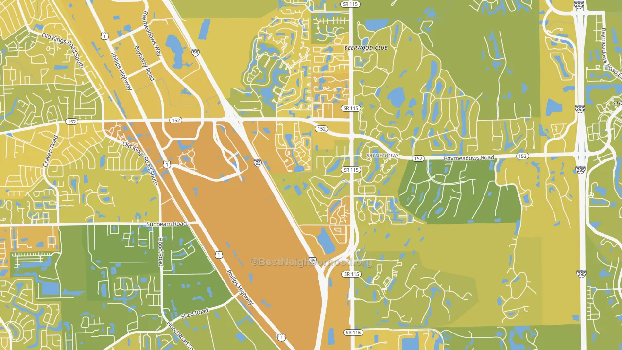 Map of the best neighborhoods in the Royal Lakes, Jacksonville area, with better matches in green and worse matches in red