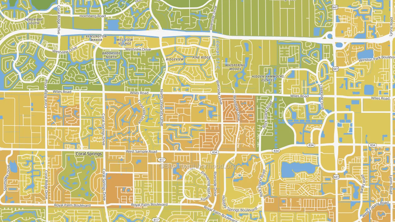 Map of the best neighborhoods in the Royal Land, Coral Springs area, with better matches in green and worse matches in red