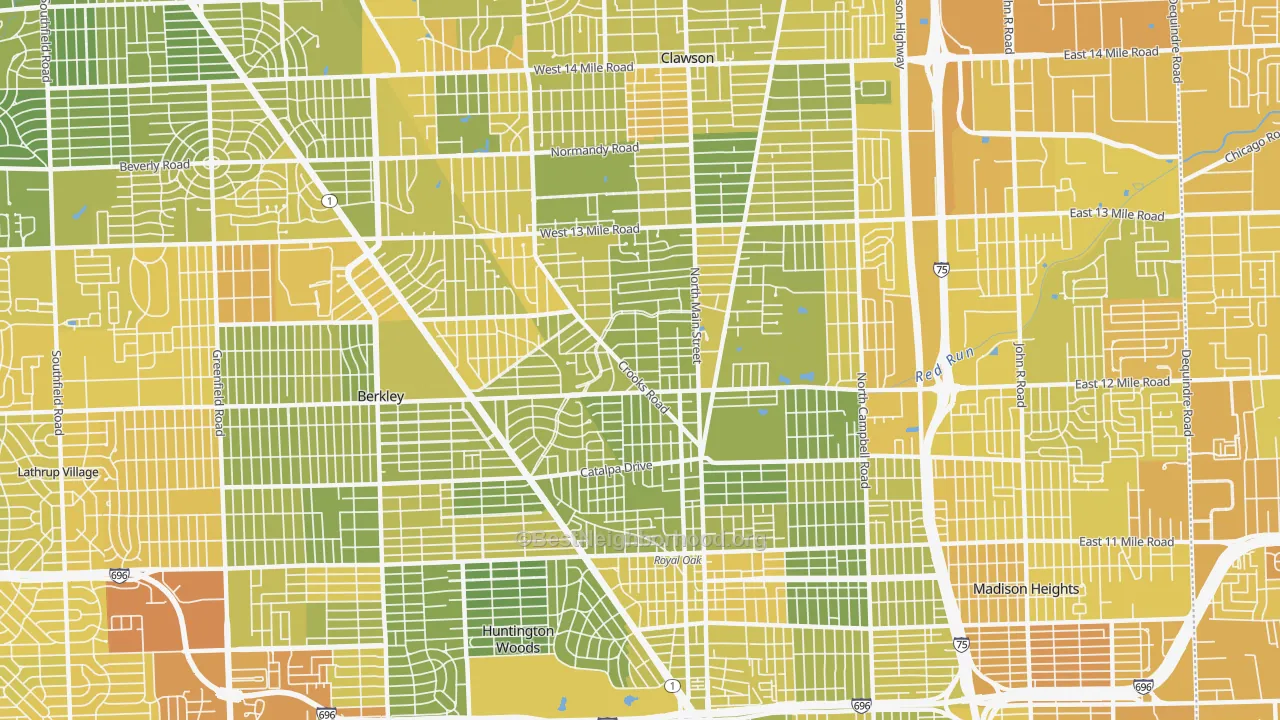 Map of the best neighborhoods in the Royal Oak area, with better matches in green and worse matches in red