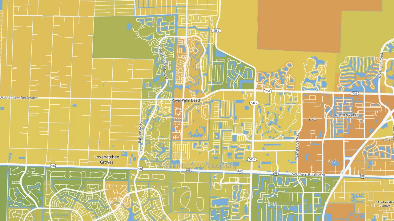 Map of the best neighborhoods in the Royal Palm Beach area, with better matches in green and worse matches in red