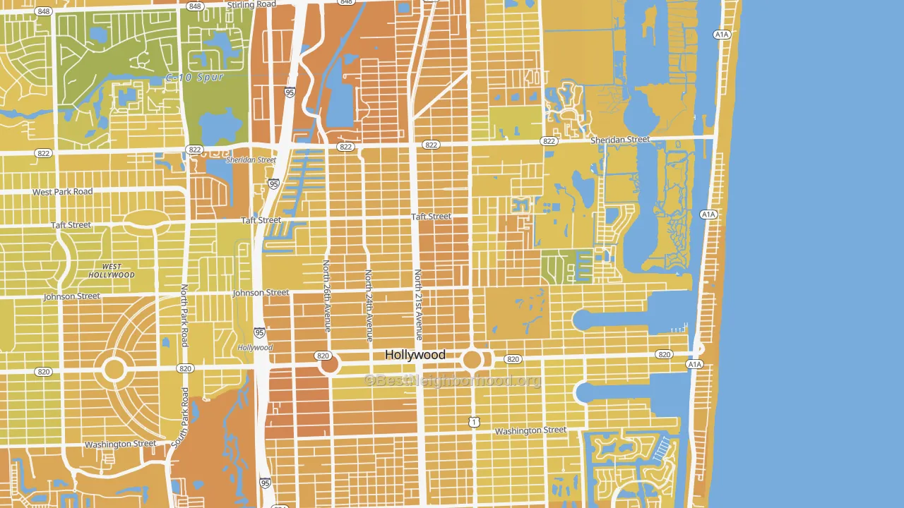 Map of the best neighborhoods in the Royal Poinciana, Hollywood area, with better matches in green and worse matches in red
