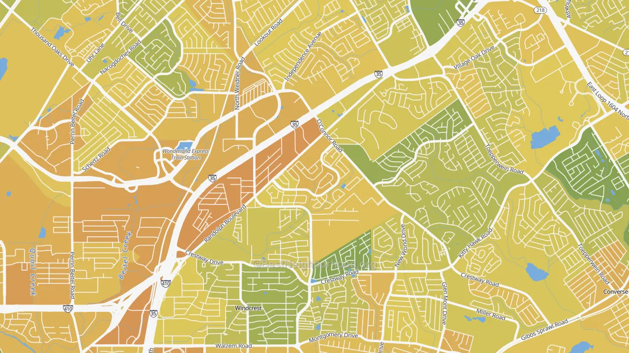 Map of the best neighborhoods in the Royal Ridge, San Antonio area, with better matches in green and worse matches in red