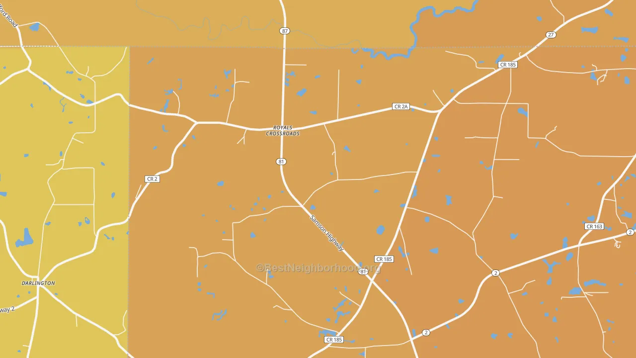Map of the best neighborhoods in the Royals Crossroads area, with better matches in green and worse matches in red