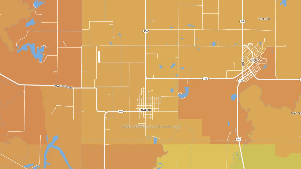 Map of the best neighborhoods in the Royalton area, with better matches in green and worse matches in red