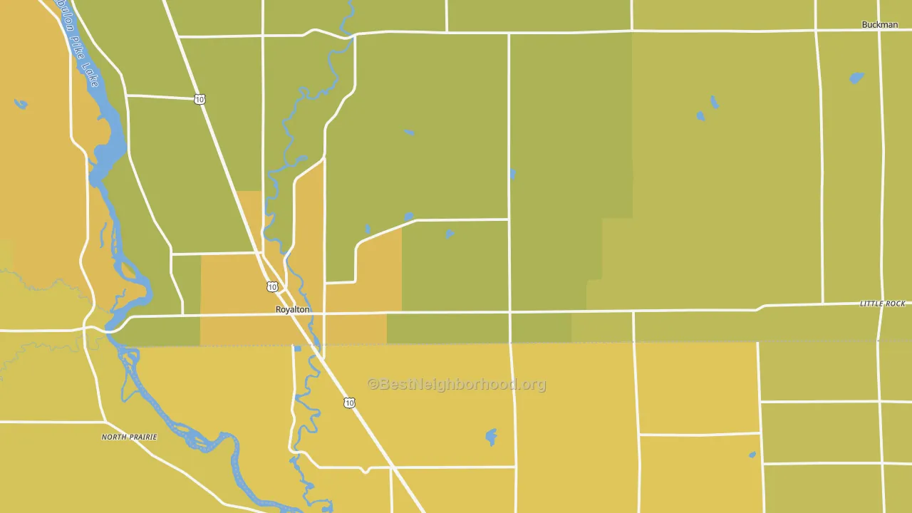 Map of the best neighborhoods in the Royalton area, with better matches in green and worse matches in red