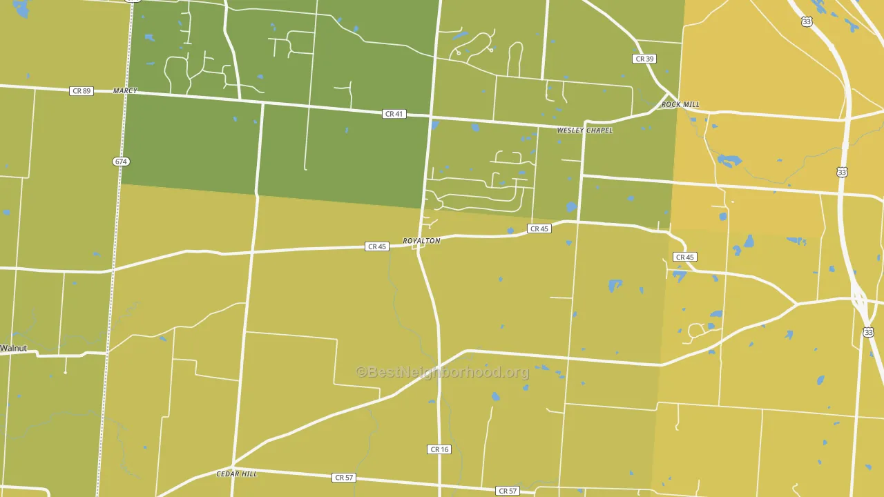 Map of the best neighborhoods in the Royalton area, with better matches in green and worse matches in red