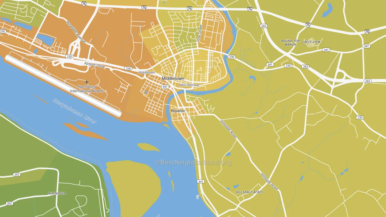 Map of the best neighborhoods in the Royalton area, with better matches in green and worse matches in red