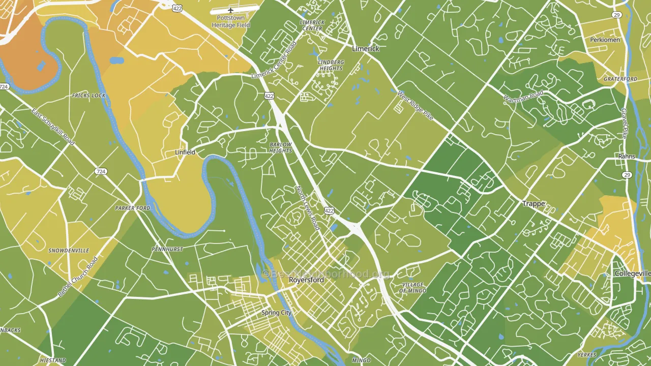 Map of the best neighborhoods in the Royersford area, with better matches in green and worse matches in red