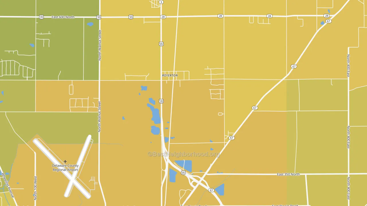 Map of the best neighborhoods in the Royerton area, with better matches in green and worse matches in red