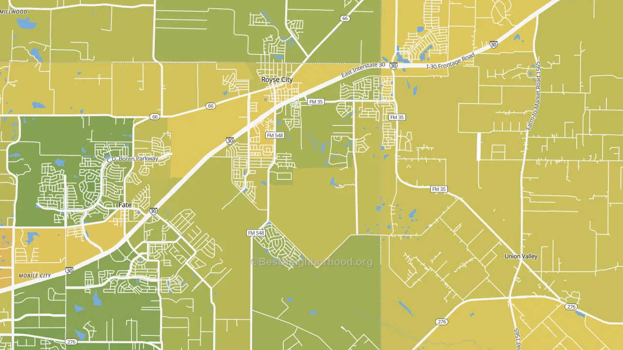 Map of the best neighborhoods in the Royse City area, with better matches in green and worse matches in red