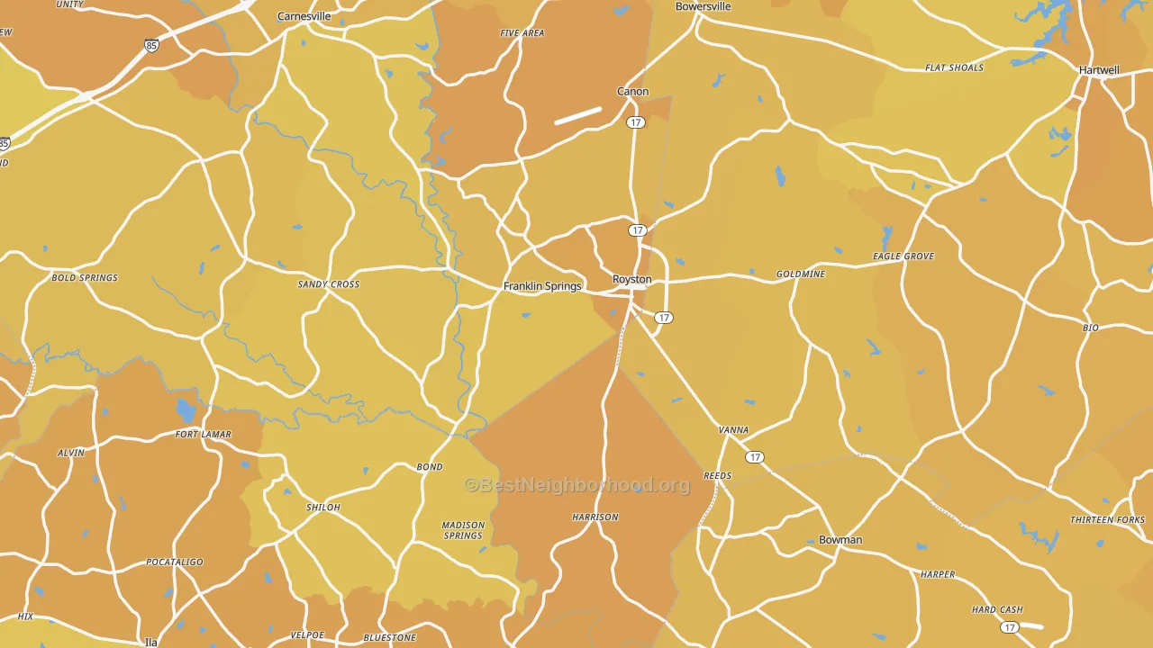 Map of the best neighborhoods in the Royston area, with better matches in green and worse matches in red