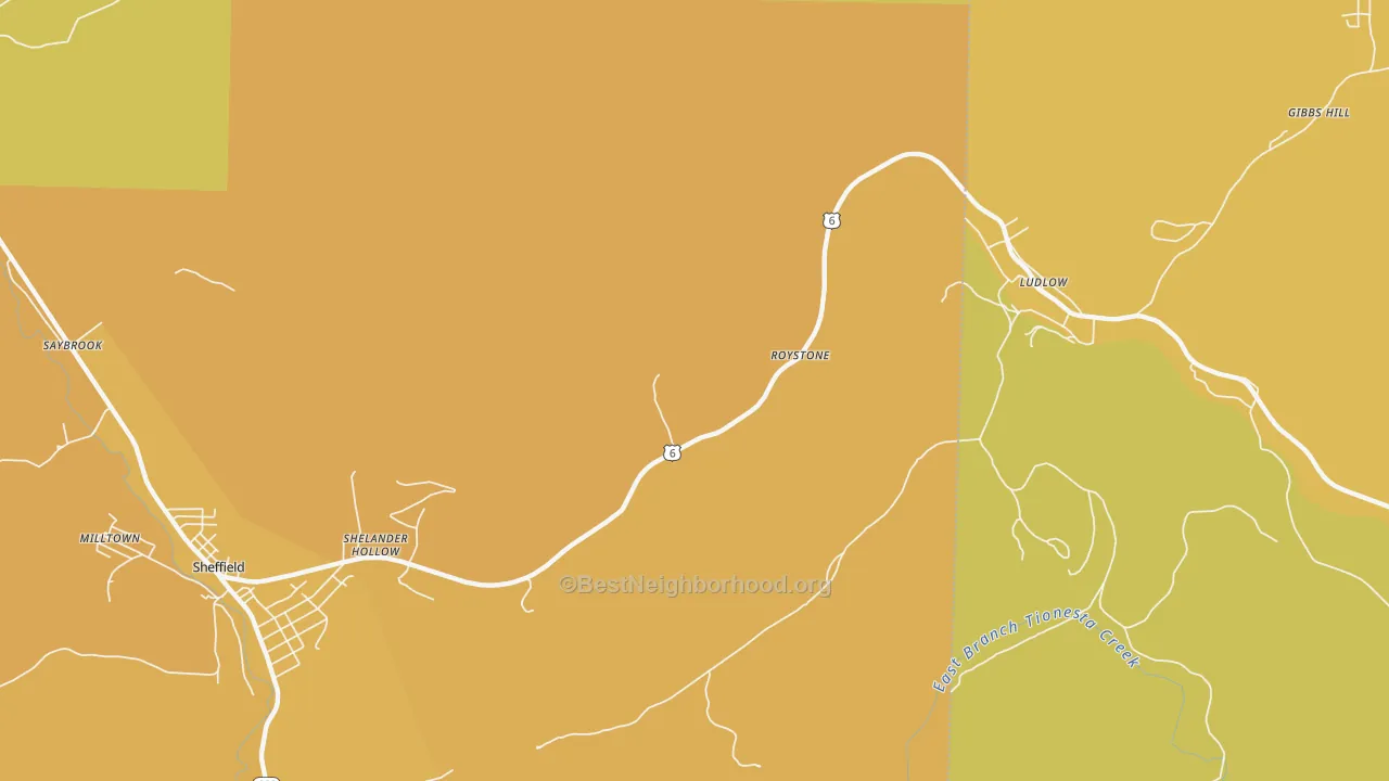 Map of the best neighborhoods in the Roystone area, with better matches in green and worse matches in red