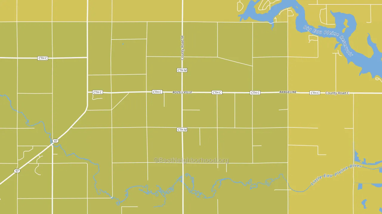 Map of the best neighborhoods in the Rozellville area, with better matches in green and worse matches in red