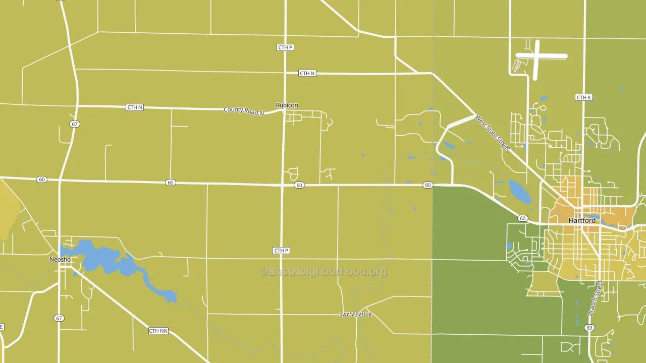 Map of the best neighborhoods in the Rubicon area, with better matches in green and worse matches in red