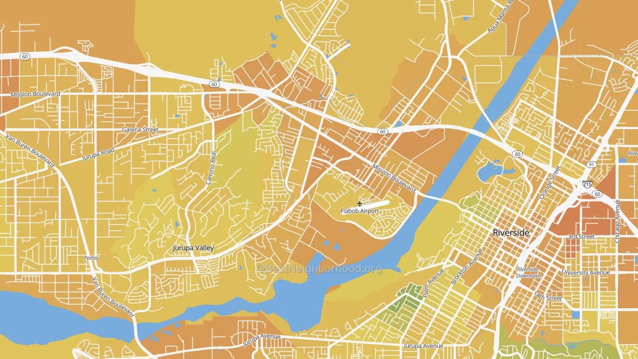 Map of the best neighborhoods in the Rubidoux area, with better matches in green and worse matches in red