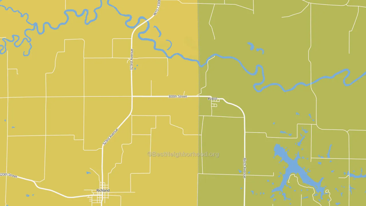Map of the best neighborhoods in the Rubio area, with better matches in green and worse matches in red