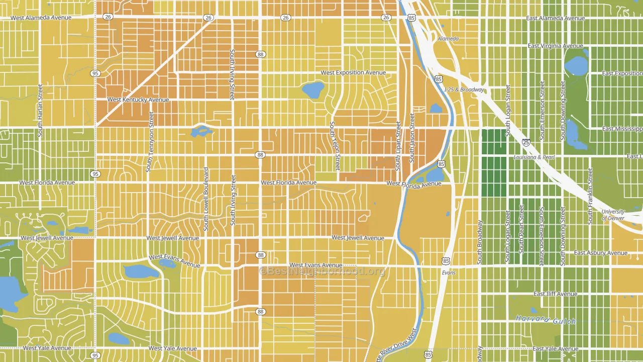 Map of the best neighborhoods in the Ruby Hill, Denver area, with better matches in green and worse matches in red