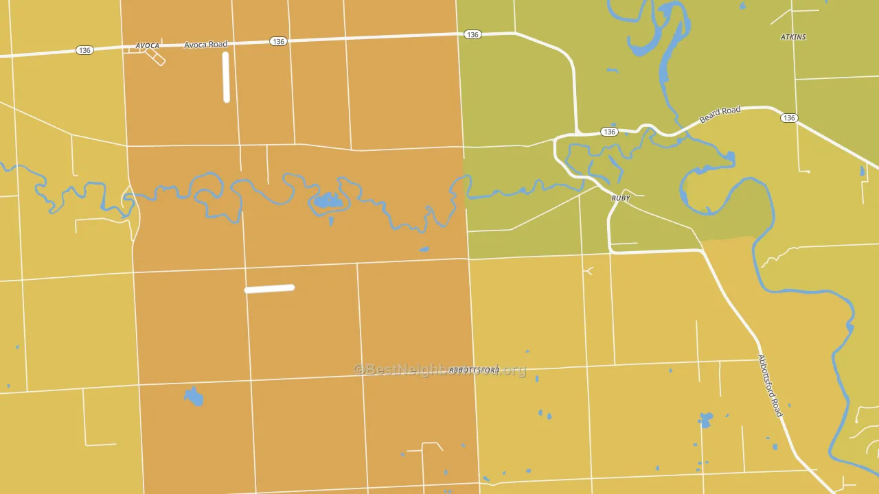 Map of the best neighborhoods in the Ruby area, with better matches in green and worse matches in red