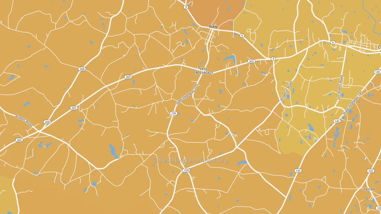 Map of the best neighborhoods in the Ruby area, with better matches in green and worse matches in red