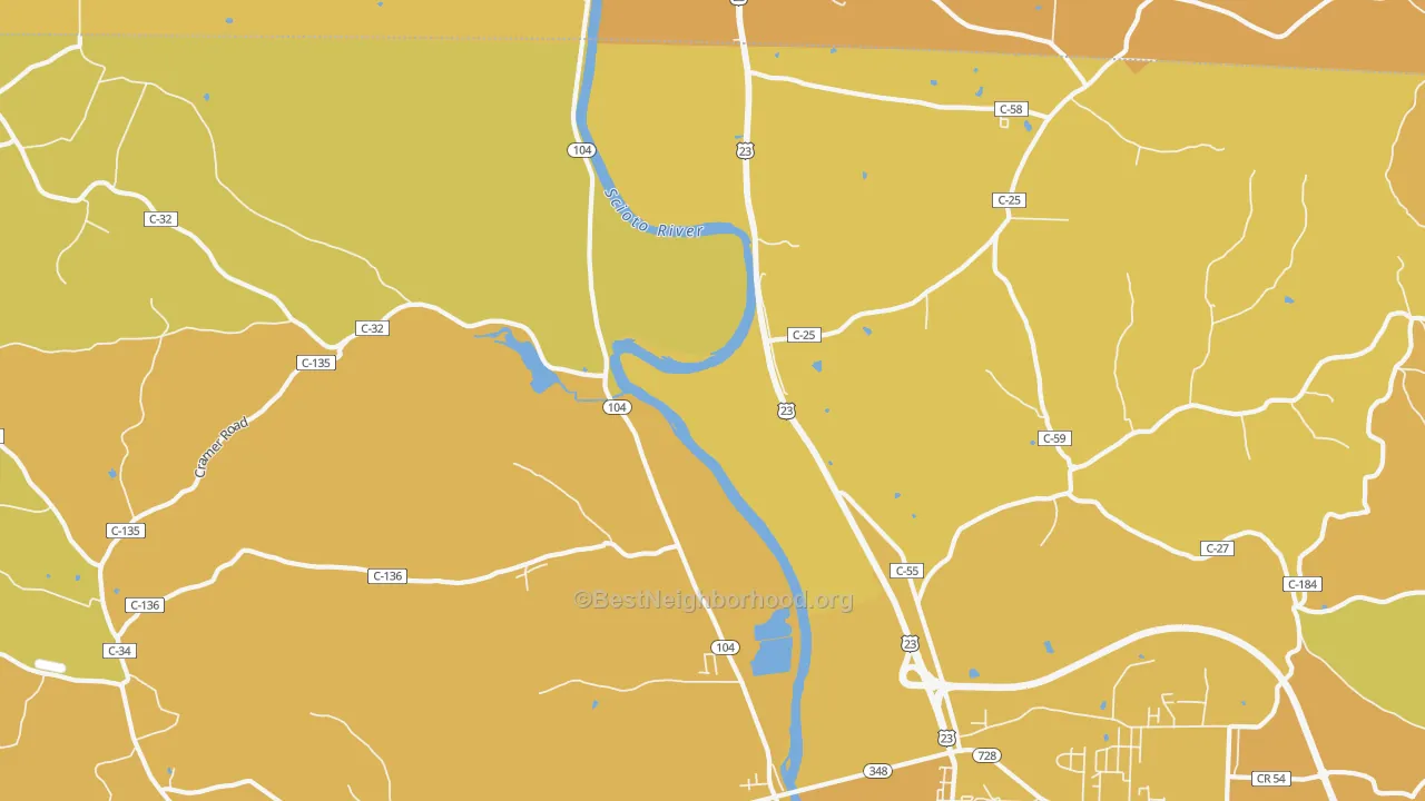 Map of the best neighborhoods in the Rubyville area, with better matches in green and worse matches in red