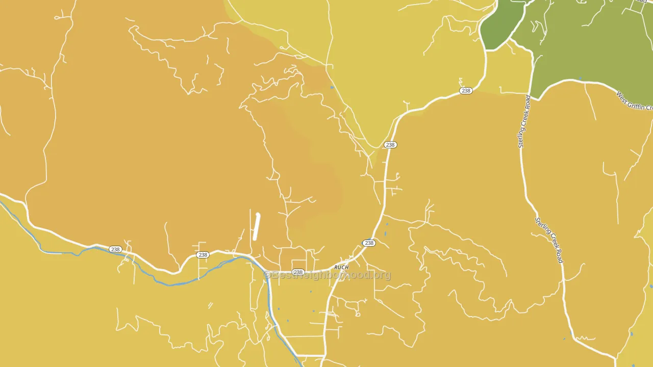 Map of the best neighborhoods in the Ruch area, with better matches in green and worse matches in red