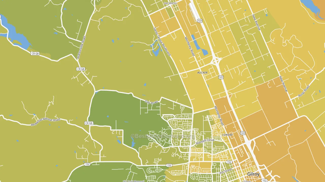 Map of the best neighborhoods in the Rucker area, with better matches in green and worse matches in red