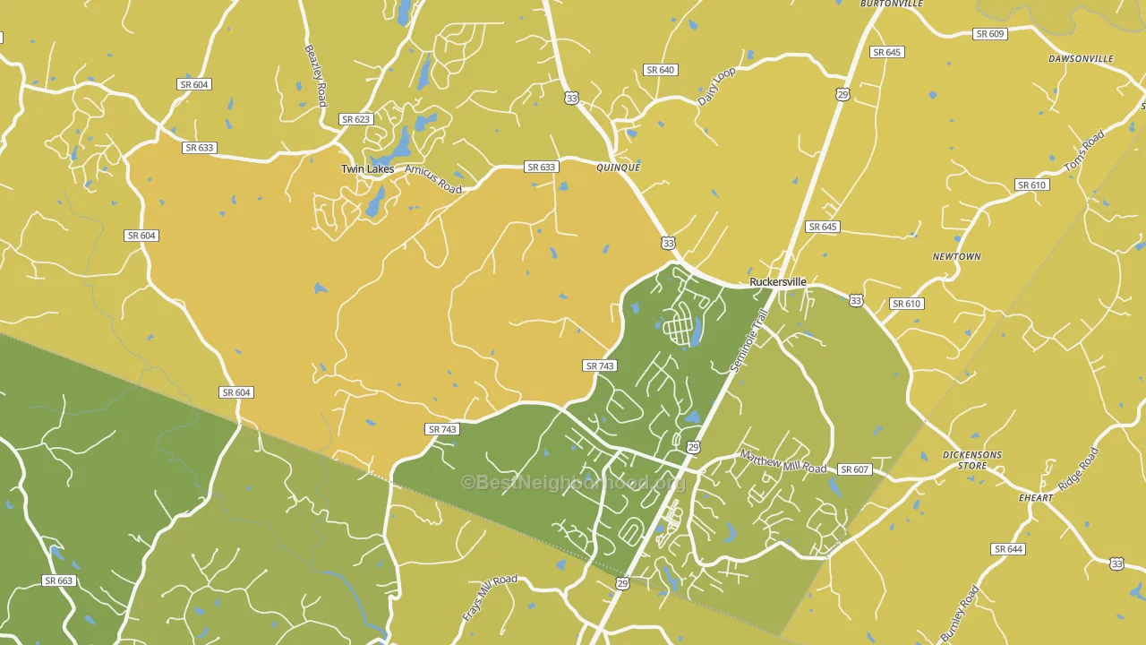 Map of the best neighborhoods in the Ruckersville area, with better matches in green and worse matches in red