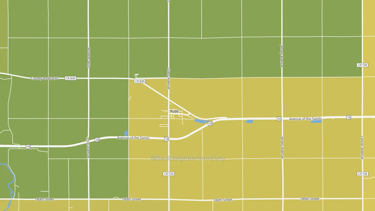 Map of the best neighborhoods in the Rudd area, with better matches in green and worse matches in red