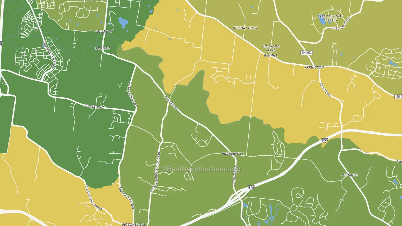 Map of the best neighborhoods in the Rudderville area, with better matches in green and worse matches in red