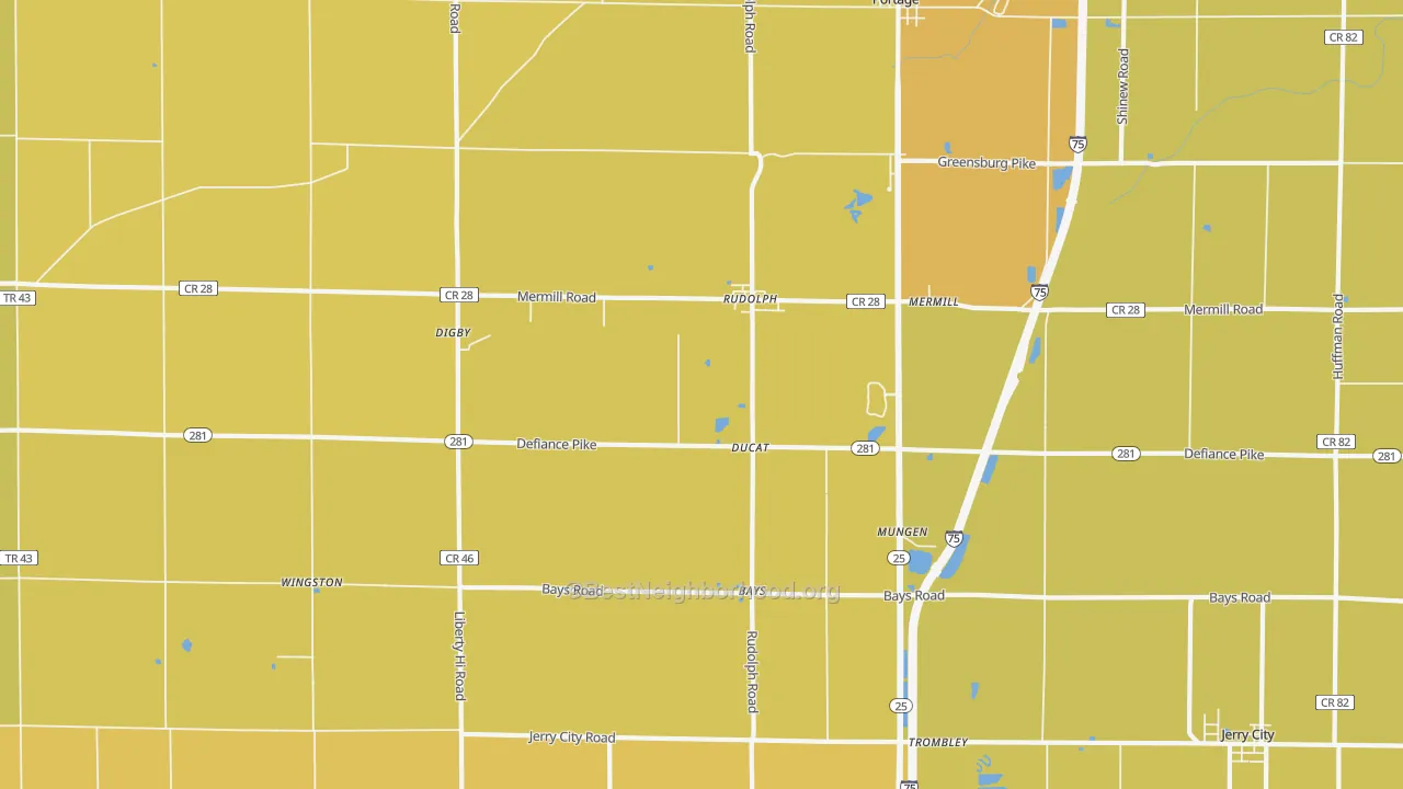 Map of the best neighborhoods in the Rudolph area, with better matches in green and worse matches in red