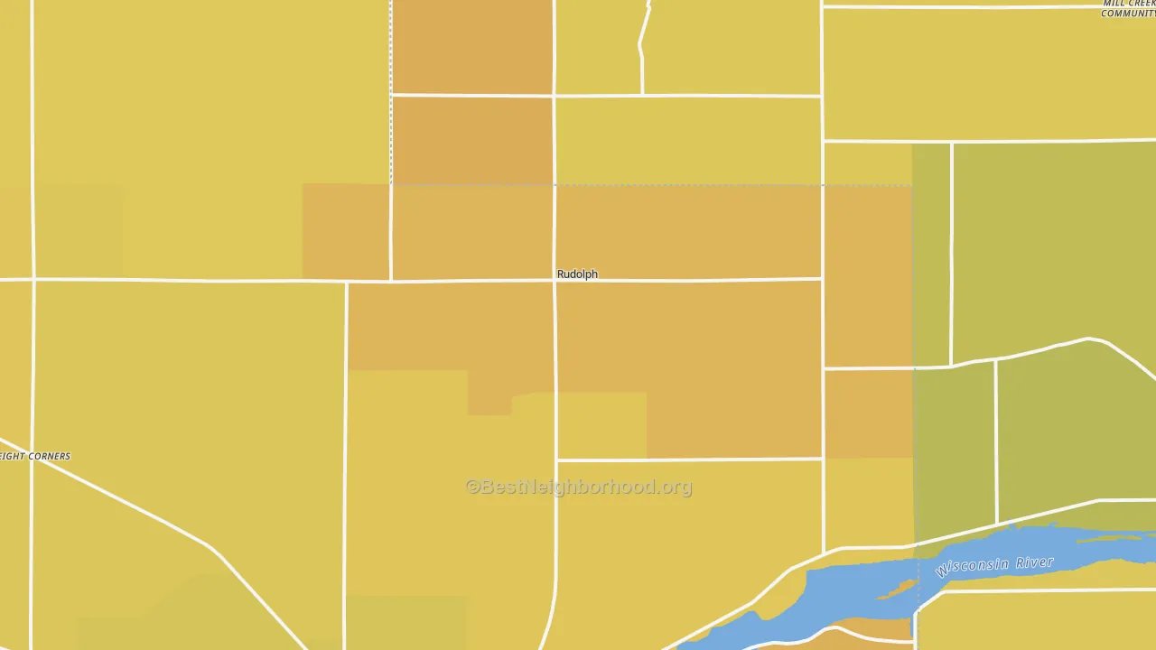 Map of the best neighborhoods in the Rudolph area, with better matches in green and worse matches in red