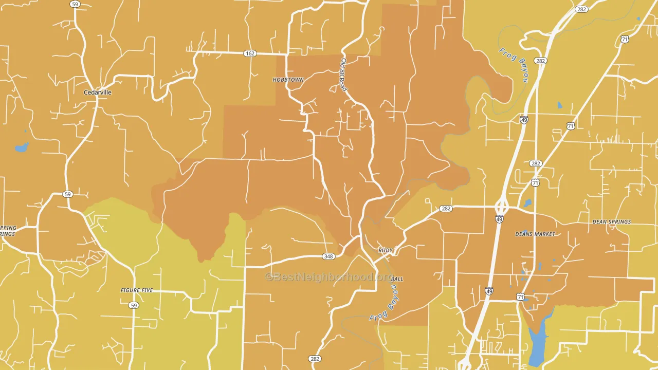 Map of the best neighborhoods in the Rudy area, with better matches in green and worse matches in red