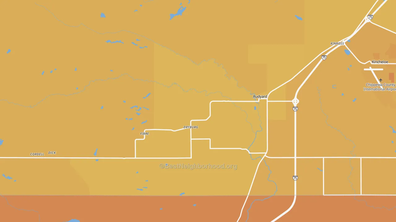Map of the best neighborhoods in the Rudyard area, with better matches in green and worse matches in red