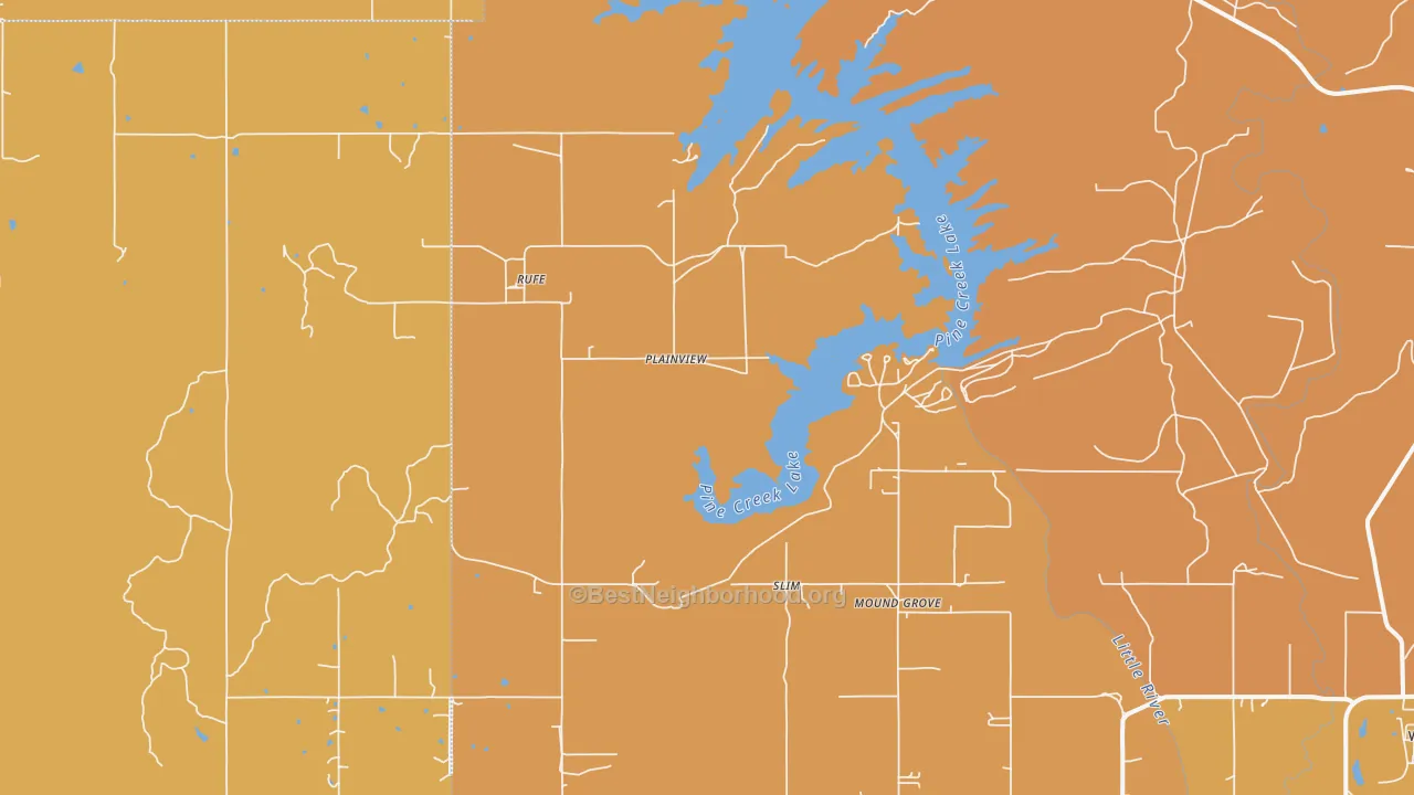 Map of the best neighborhoods in the Rufe area, with better matches in green and worse matches in red