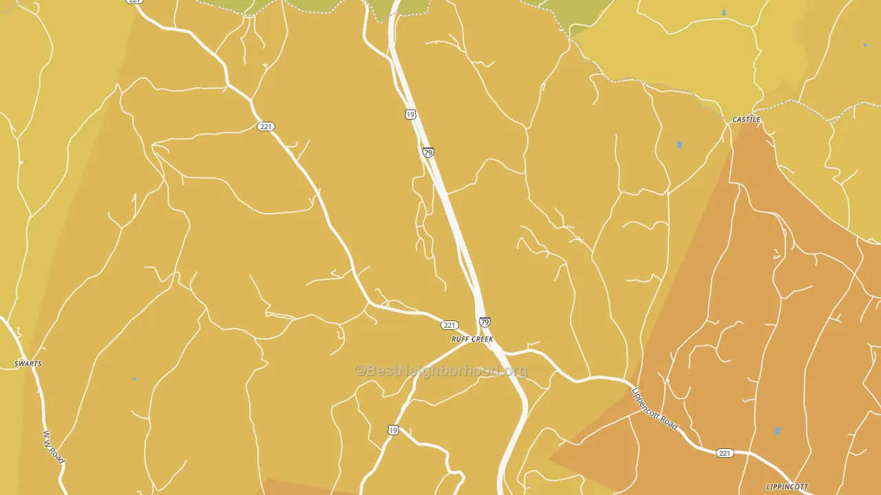 Map of the best neighborhoods in the Ruff Creek area, with better matches in green and worse matches in red