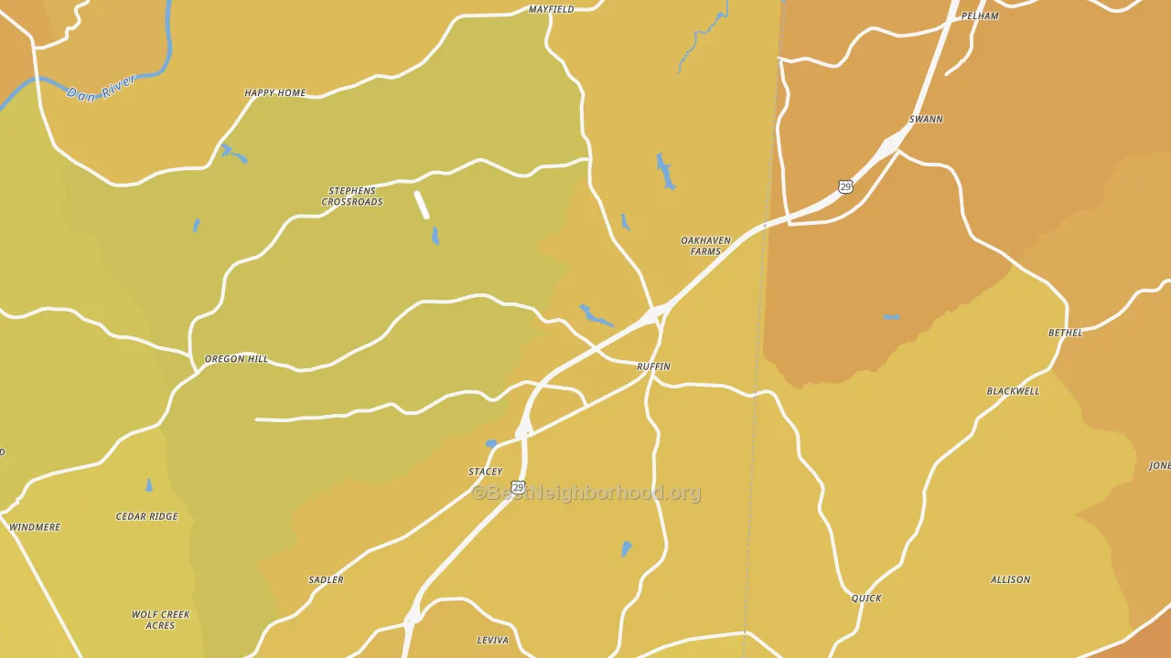Map of the best neighborhoods in the Ruffin area, with better matches in green and worse matches in red