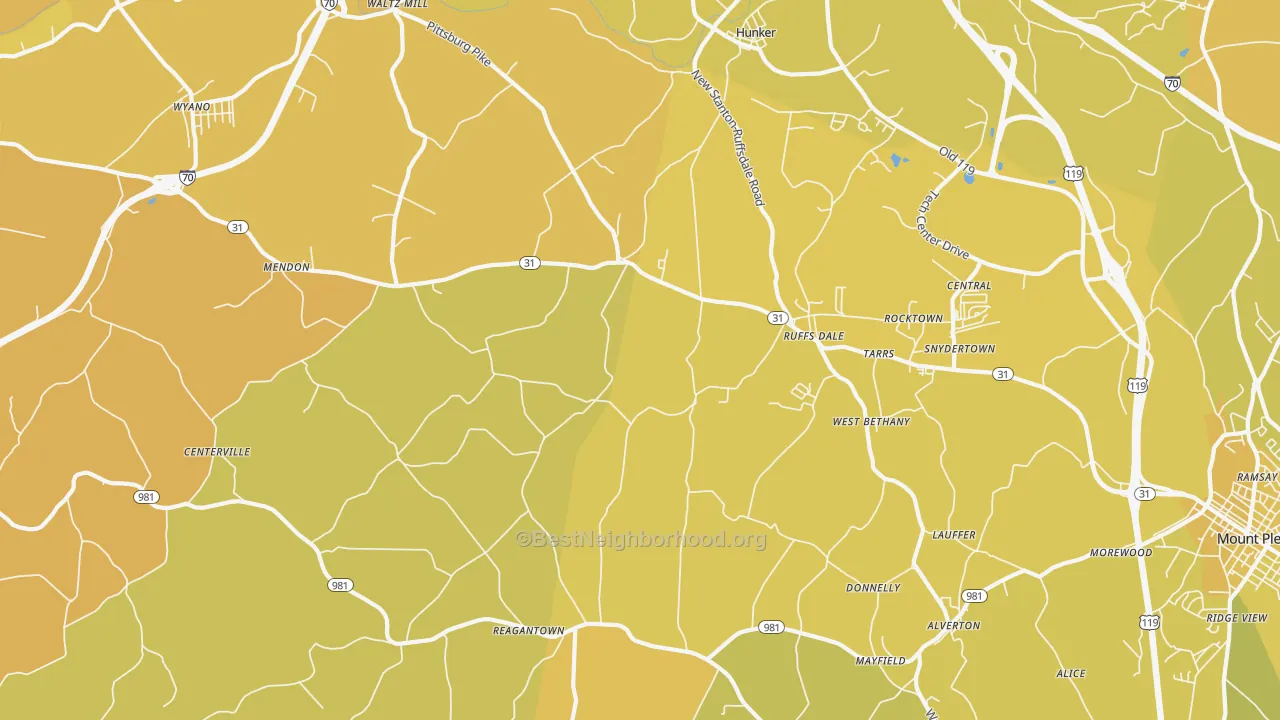 Map of the best neighborhoods in the Ruffsdale area, with better matches in green and worse matches in red