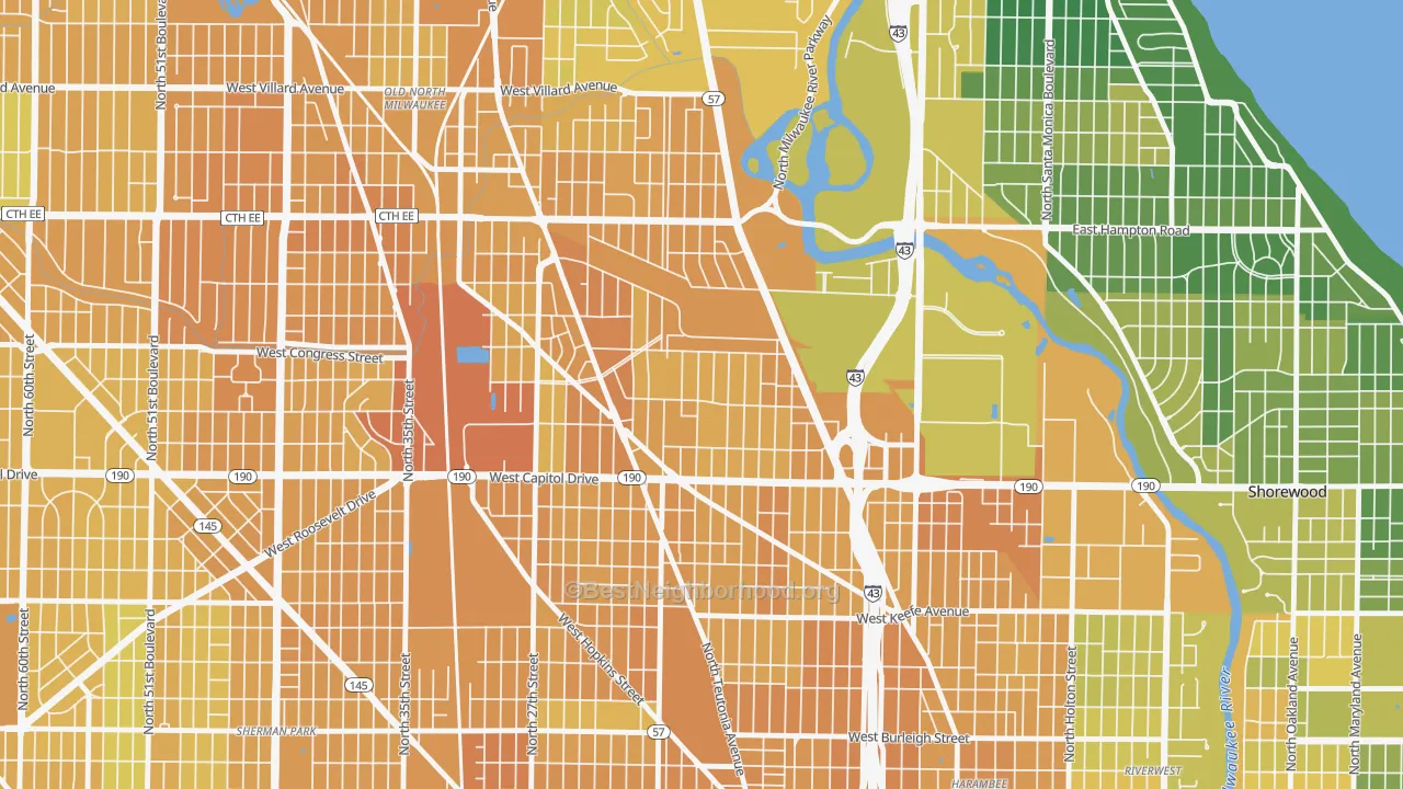 Map of the best neighborhoods in the Rufus King, Milwaukee area, with better matches in green and worse matches in red