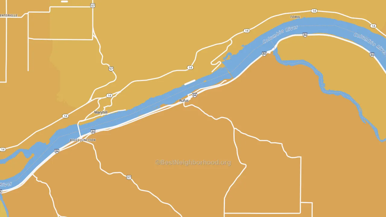Map of the best neighborhoods in the Rufus area, with better matches in green and worse matches in red