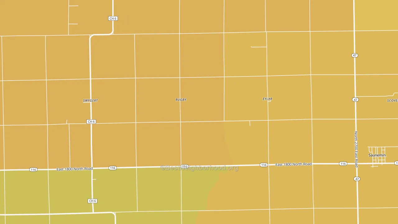 Map of the best neighborhoods in the Rugby area, with better matches in green and worse matches in red