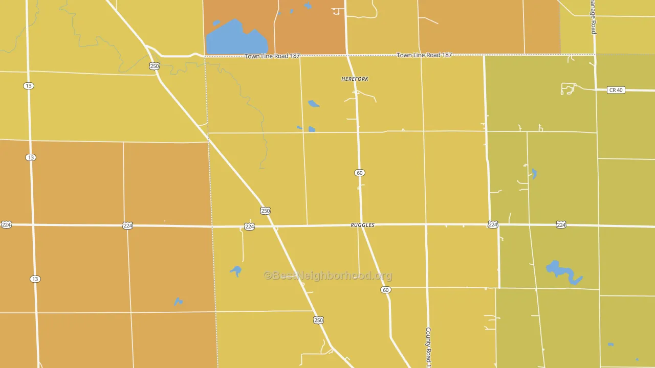 Map of the best neighborhoods in the Ruggles area, with better matches in green and worse matches in red