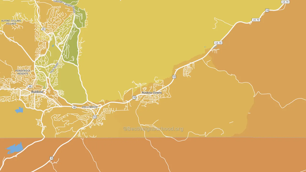 Map of the best neighborhoods in the Ruidoso Downs area, with better matches in green and worse matches in red
