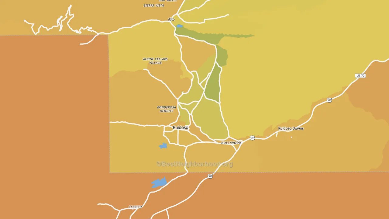 Map of the best neighborhoods in the Ruidoso area, with better matches in green and worse matches in red