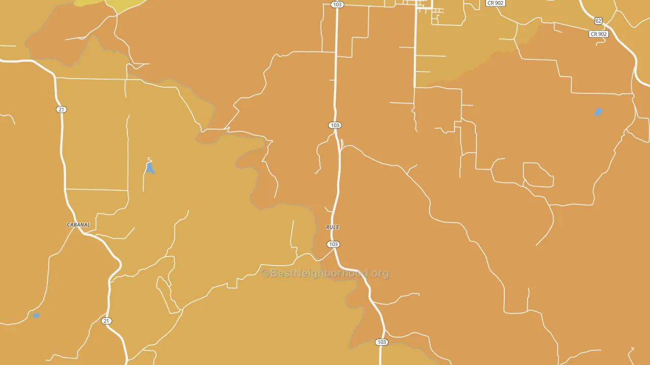 Map of the best neighborhoods in the Rule area, with better matches in green and worse matches in red